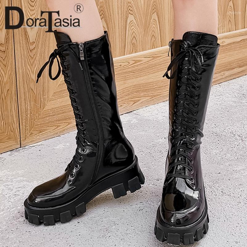 

DORATASIA Cool Girl Round Toe Platform Lace Up Boots Mixed Color Zipper Designer Boots Women Chunky Heel Mid Calf Shoes Woman1, Black
