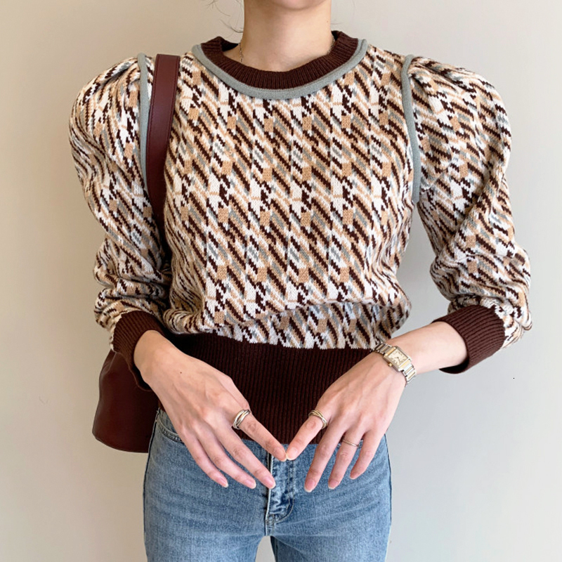 

2021 New Wool Sweater From the Vintage Female Houndstooth Neck Knitted Knitting Tube Jumper Korean Style Mesh Autumn Spring 2F21, Light brown.