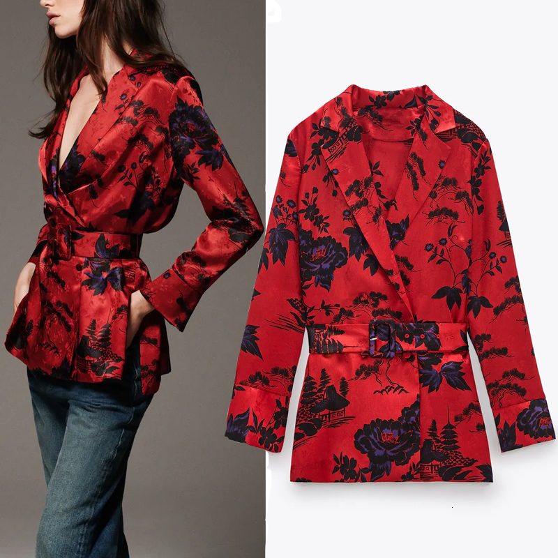 

2021 New Blouse Women Fashion with Belt Red Printed Top Woman Autumn Lapel Collar Long Sleeve Elegant Office Ladies Blouses Cf5b