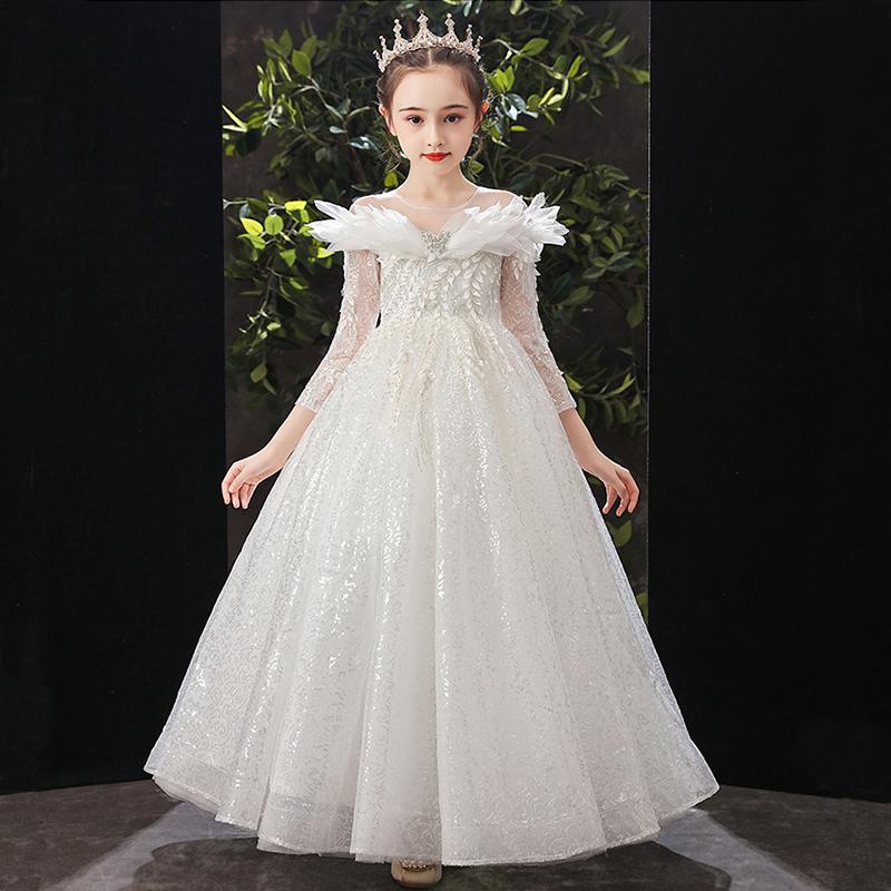 

Fashiopn 3D Appliques Flower Girl Dress Sequins Beadings Fairy Long Robe Three Quarter Sleeves Ball Gown For Wedding, As the photo