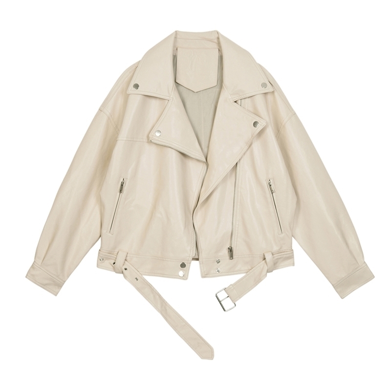 

Woman Loose Solid PU Leather Biker Jacket Spring Autumn Apricot Short Top Coat Street Fashion Black Female Punk Clothing 201030