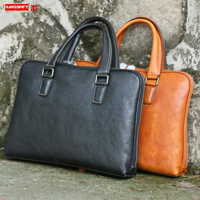 

Vegetable Tanned Leather Cowhide Men's Briefcase Leather Handbag Laptop Bag Casual Shoulder Messenger Bags Business Male1, Black
