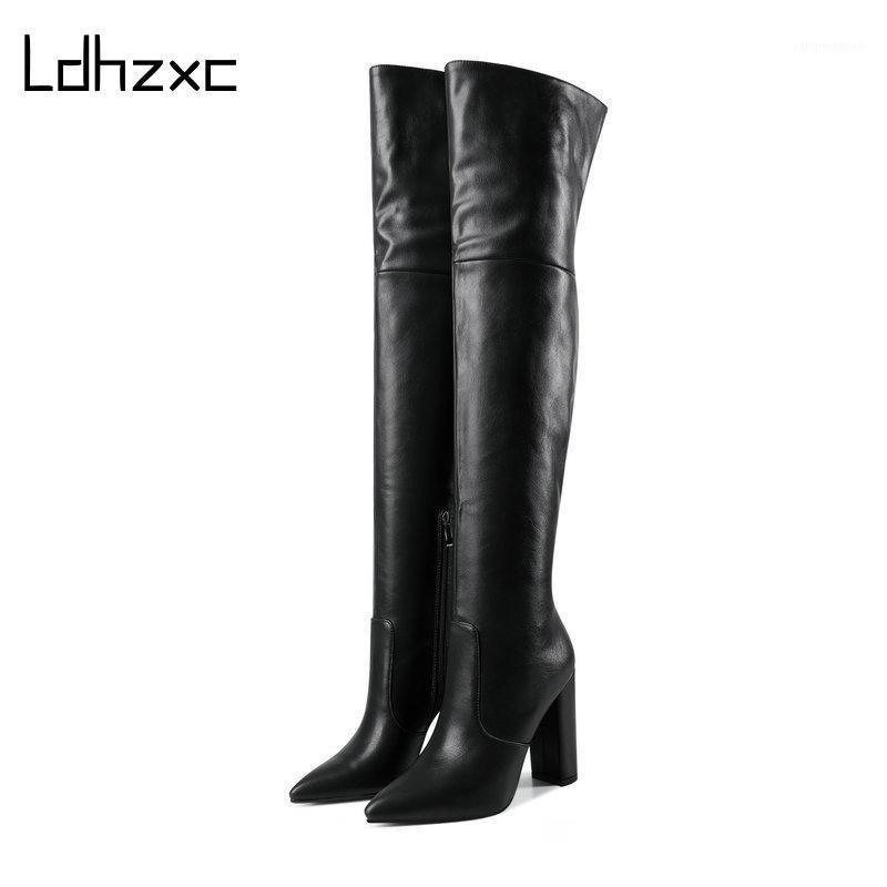 

LDHZXC Band Designer Faux Leather Women Over The Knee High Boots Pointed Toe Boots Women Long Chunky High Heel Black1, Beige