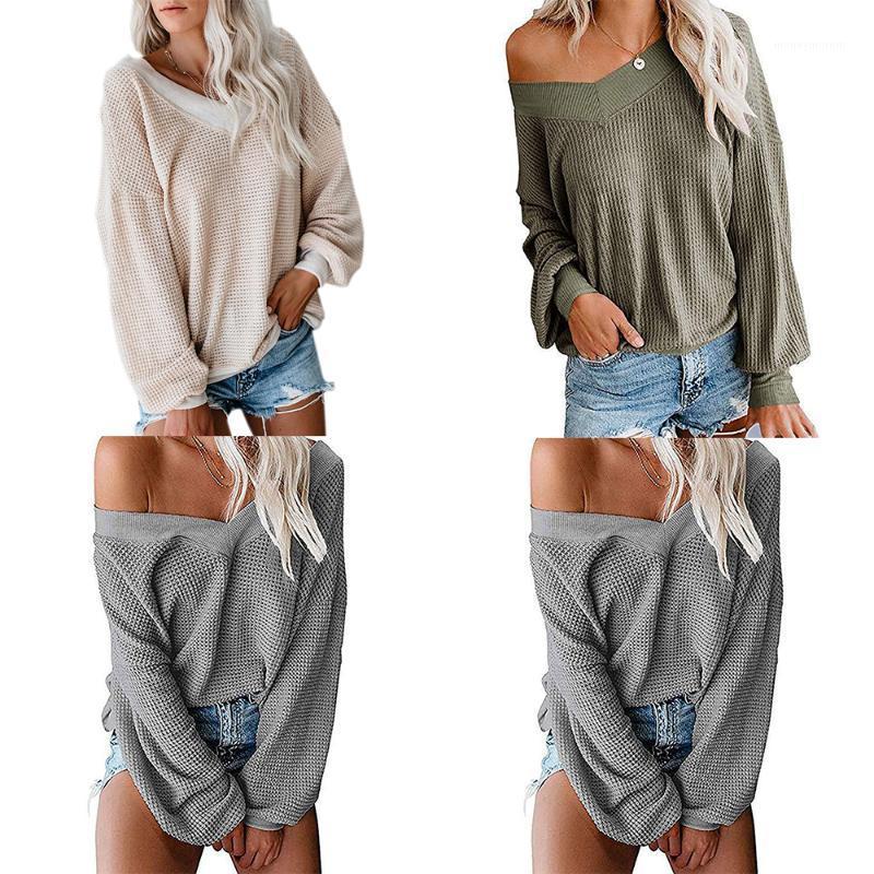 

V-Neck Solid Women Sweaters Loose Knitted Autumn Winter Long Sleeve Coat Clothing Casual Dropshipping1, Gray