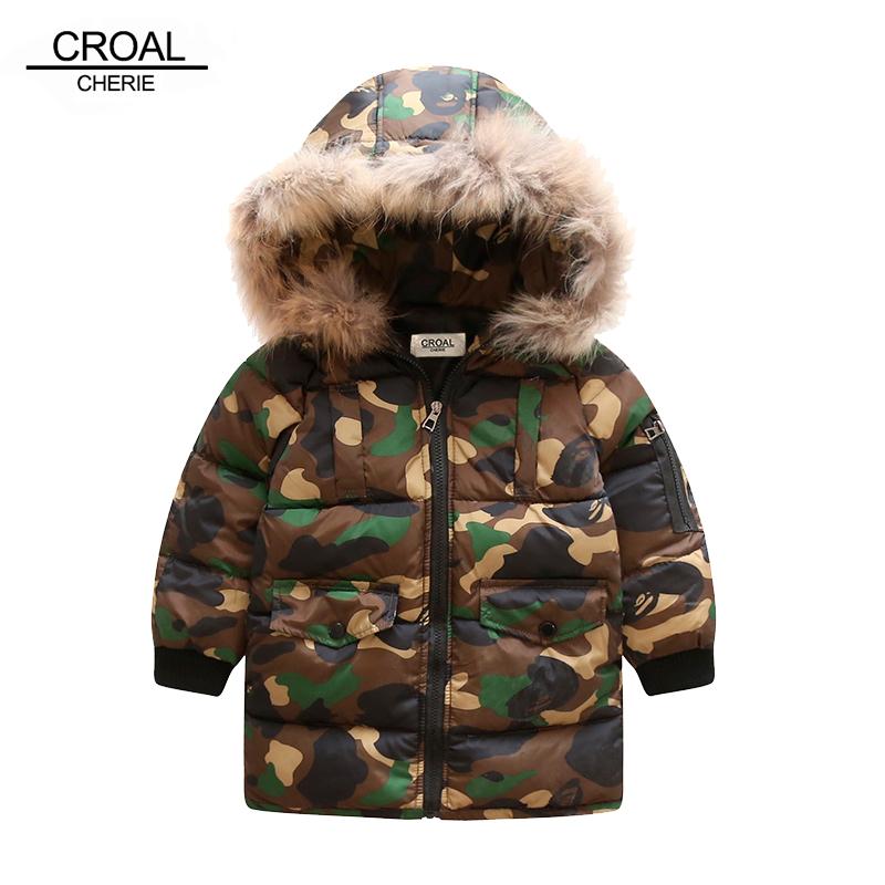 

CROAL CHERIE 80-130cm Real Fur Hooded Winter Children Jacket For Teenage Boys Camouflage Winter Coat Long Style Thick Outerwear