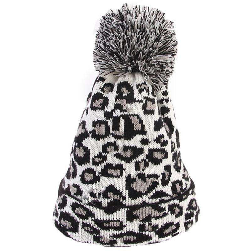 

Women Winter Knit Beanie Hat Ear Warmer Leopard Pattern Pompom Cuffed Skull Cap