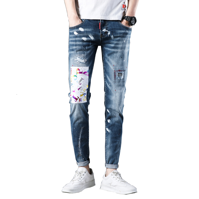 

2021 Men's Breech Trousers Ripped Thin Jeans Elastic Pants Embroidered Blue Hip Paint Summer Spring IDDG