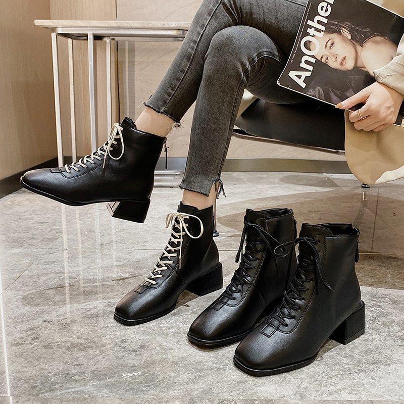 

Black Beige Leather Women Ankle Boots Fashion Square Toe Mid Heels Autumn and Winter Back Zipper Female Shoes