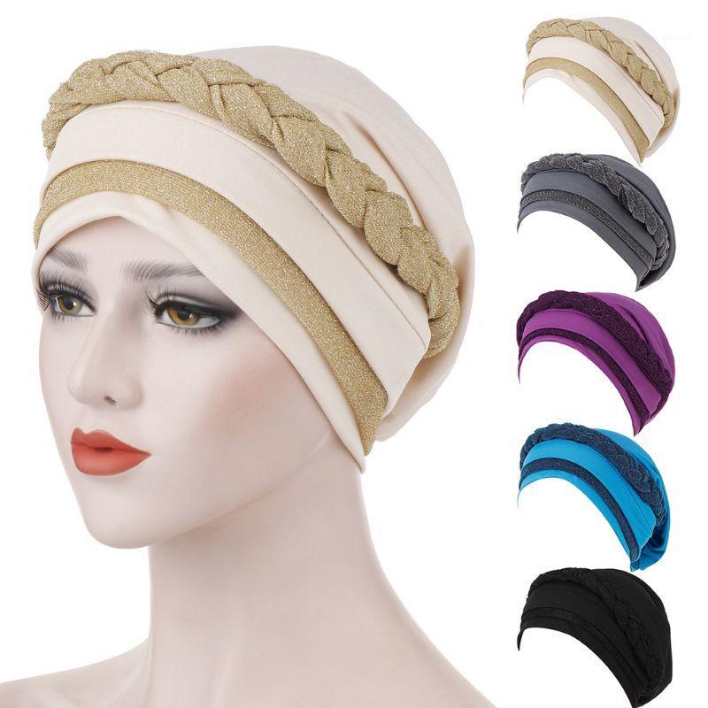 

Women 2-Tone Color Block Muslim Turban Cap Glitter Twisted Braid Hair Loss Head Wrap Stretch Beanies Cancer Chemo Hat1, White