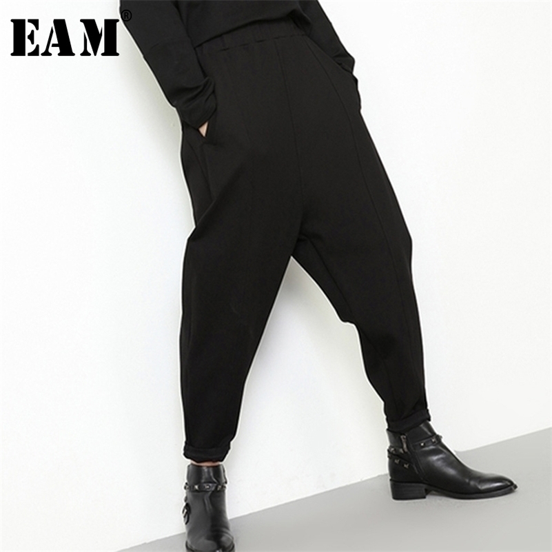 

[EAM] New Spring Autumn High Elastic Waist Black Loose Pocket Long Brief Harem Pants Women Trousers Fashion Tide JK902 201228