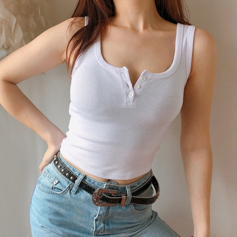 

Women Button Front Ribbed Tank Top Cotton Vest Y200422, Light gray