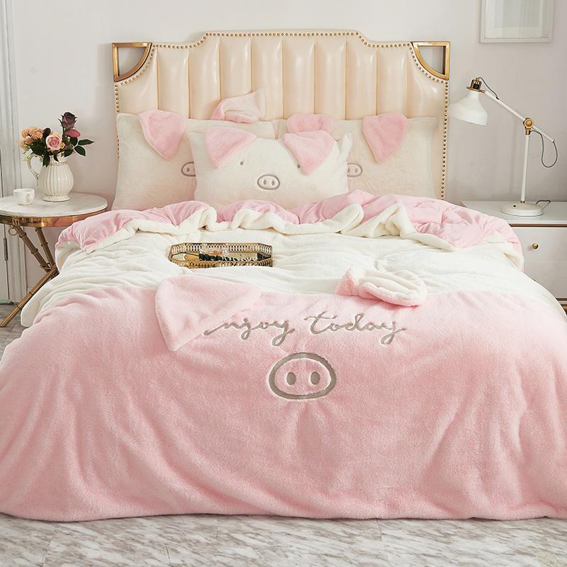 

4Pieces Cartoon Pig Ears Duvet Cover set Pink White Soft Fleece Velvet Flannel Fabric Girls Bedding Sets Bed sheet Pillowcases, Color 4