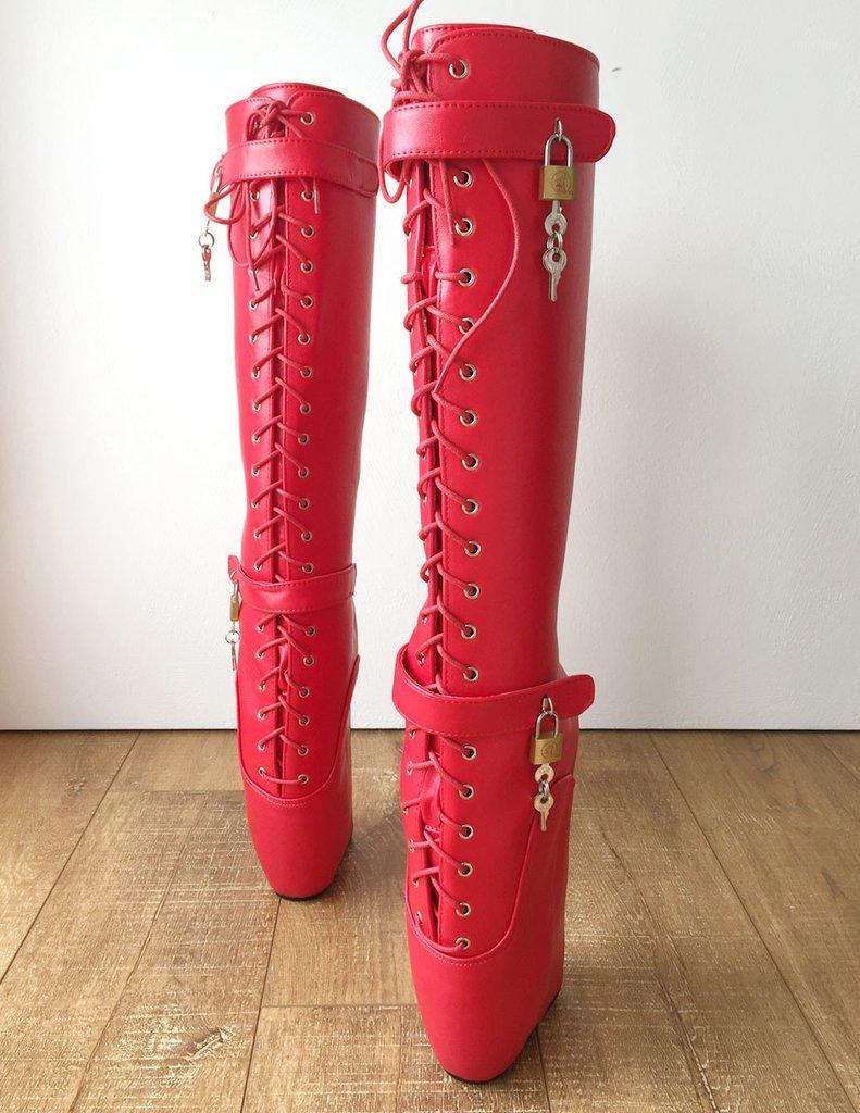 

Woman Red Boots 18Cm Fetish Extreme High Heel Sexy Wedges Lace Up Buckle Heelless Ballet Boots Lockable Knee High Long1