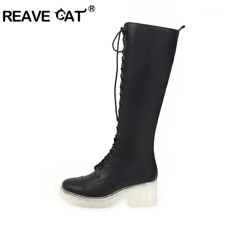 

REAVE CAT Autumn Motorcycle Knee-high boots Round toe 6cm square heels PU Zipper Cross-tied Black Beige Sliver Club Party S20061, Black pu fur