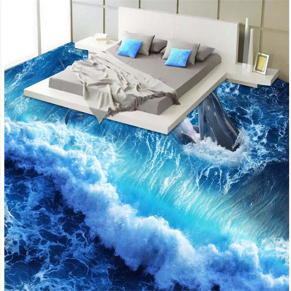 

3d floor painting wallpaper Dolphin Wave Ocean floors 3D Bathroom Living Room Floor, Blue