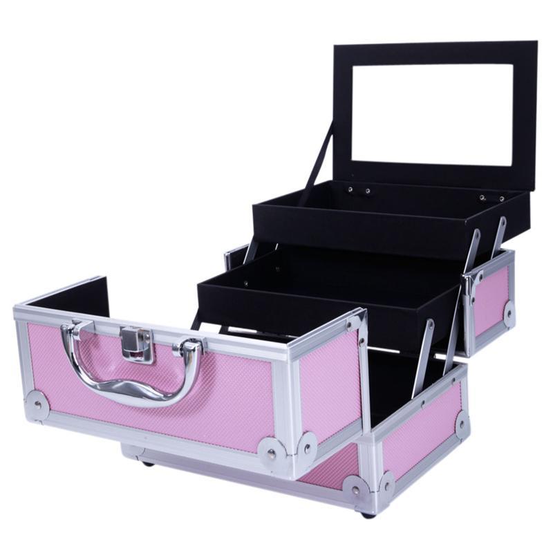 

Fast Shipping SM-2176 Aluminum Makeup Train Case Jewelry Box Cosmetic Organizer with Mirror 9"x6"x6" Pink/Black