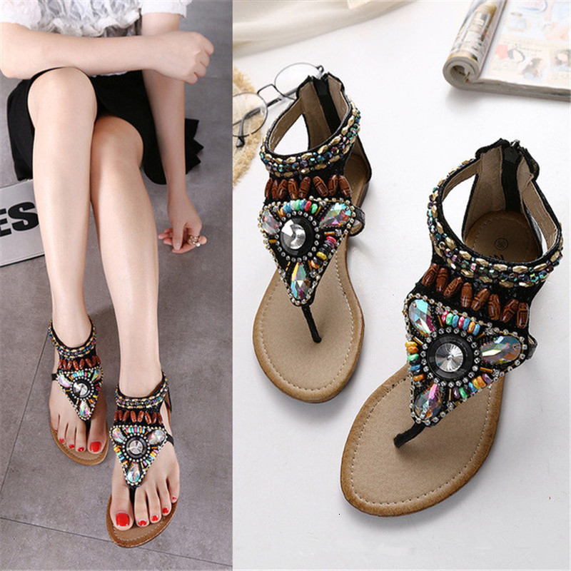 

2021 New Female Fashion Thong T-type Open Toe Strass Flat Roman Sandals Summer Flip Flop Shoes Sandal Haussures QK00, Color 1