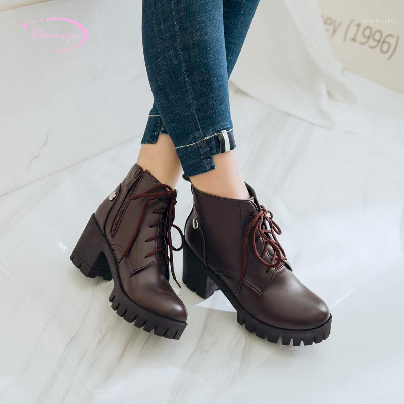 

Chainingyee college style round toe ankle boots zippers lace-up metal white black brown high-heeled riding boots women's shoes1