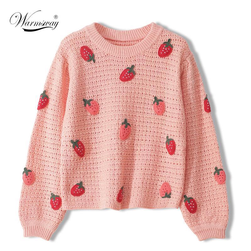 

Fall Winter Women' Sweater O-neck Strawberry Pullover knitting Sweaters Long Sleeve Korean Sweet Casual Jumper Female C-236, Pink