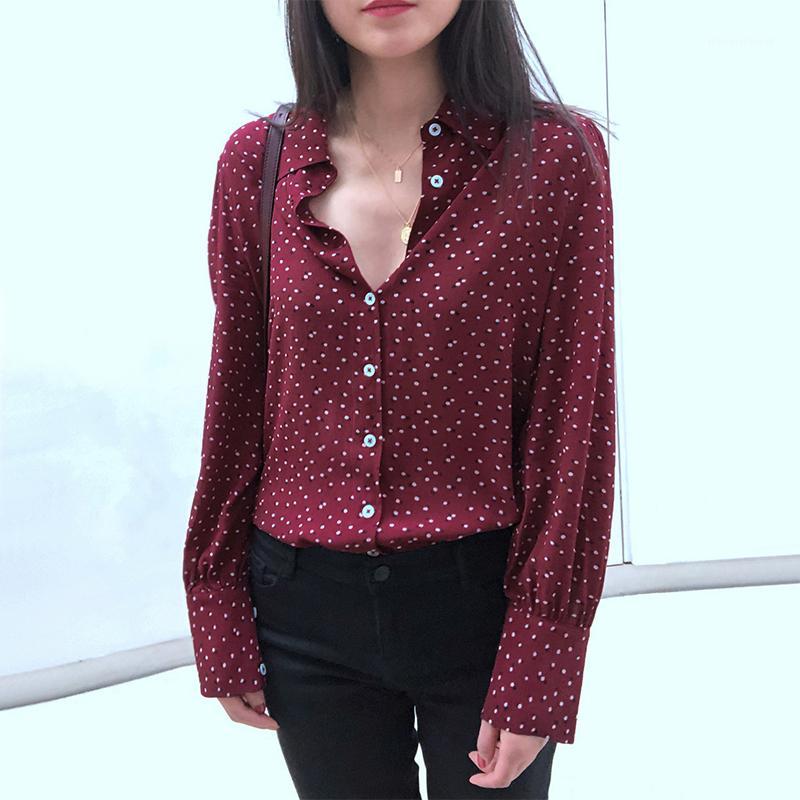 

New Women Polka Dot Print Blouse Long Sleeve Vintage Top1, Dark green