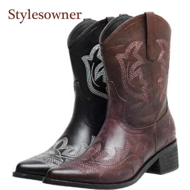 

Retro Embroider Mid-tube Weatern Cowboy Boots Genuine Leather Thick-heel Pointed Toe Fashion Short Woman Winter Boots 2020 New, Black