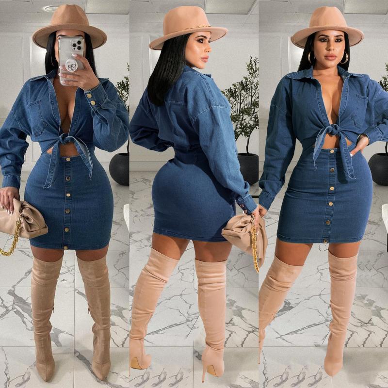 

Work Dresses 2022 Women Sexy Denim Two Piece Sets Solid Color Turn-down Collar Lace-up Jackets High Waist Single-breasted Skirts Suits, White;black