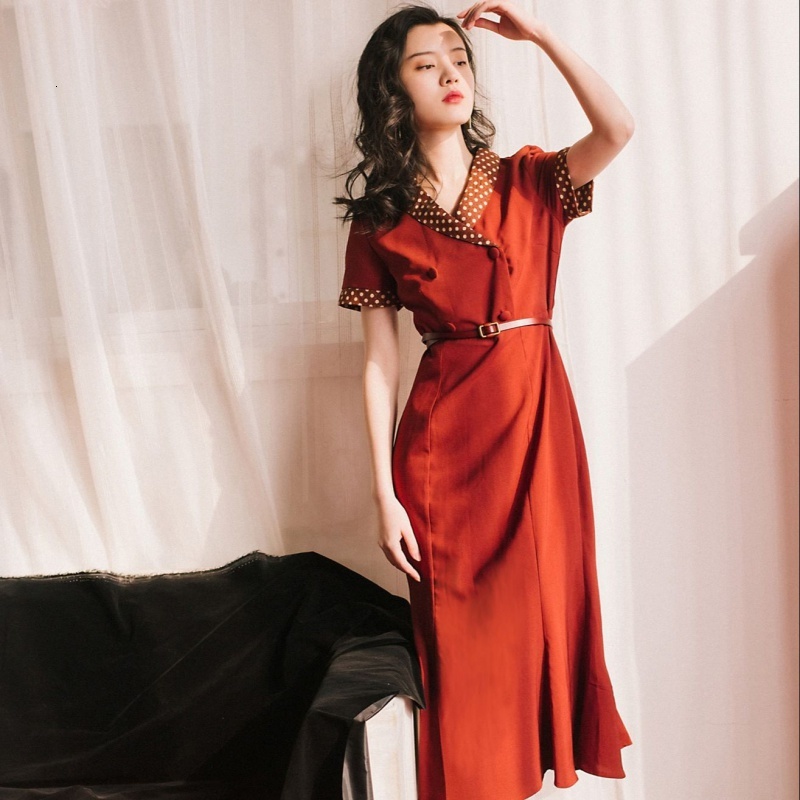 

Meade Calf Trumpet Will Summer Dot Vintage Cotton Long Female Orange Dress Lady of Manga Office Short Lanes 2021 Spring Eoka, Blue