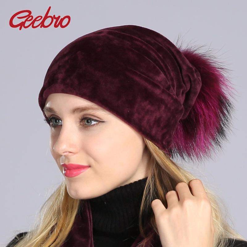 

Geebro Women's Pom Pom Beanie Hat Casual Velvet Skullies Beanies Polyester Knitted Hats Warm Raccoon Fur Pompom Beanies Hat, Rose a