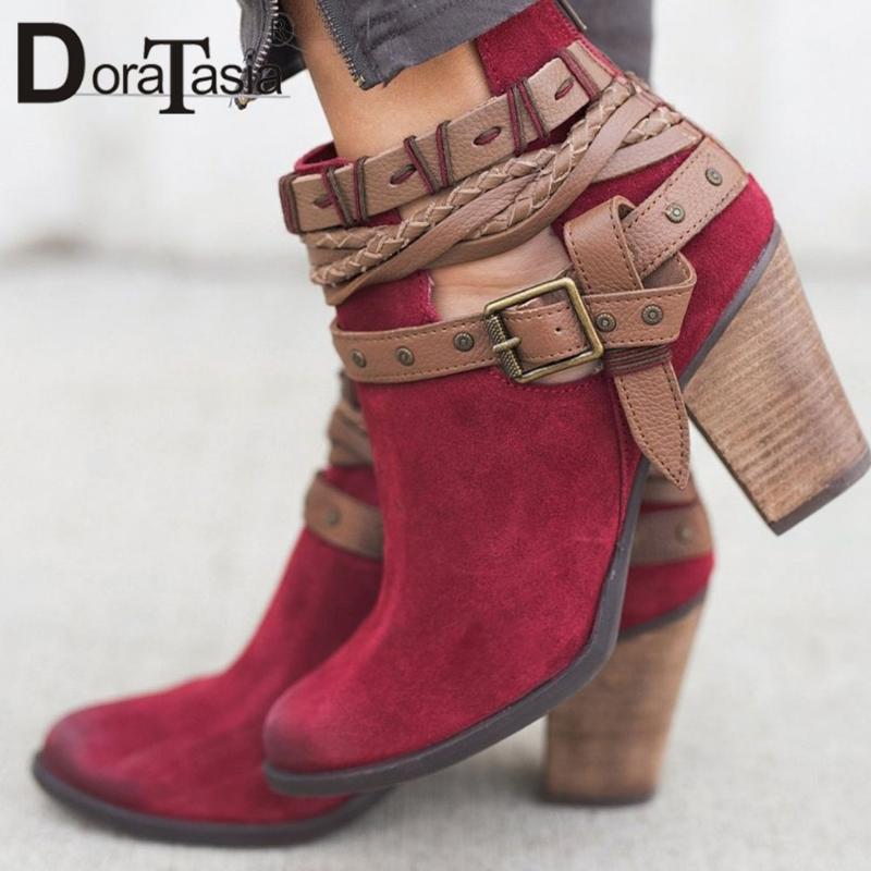 

DORATASIA New INS Hot Ladies Chunky Heels Boots Fashion Retro Autumn Ankle Boots Women Casual Party Shoes Woman Big Size 35-43, Black