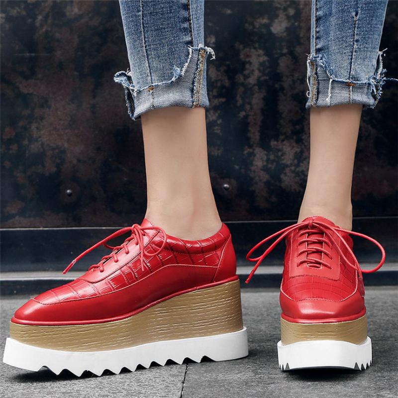 

Women Lace Up Genuine Leather Wedges High Heel Ankle Boots Female Low Top Square Toe Fashion Sneakers Casual Shoes Punk Trainers, Black