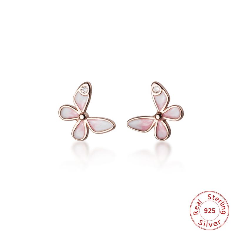 

925 Sterling Silver Studs Earrings for Women Girls Cute Tiny Pink Butterfly Studs Earrings Fashion CZ Crystal Silver Jewelry