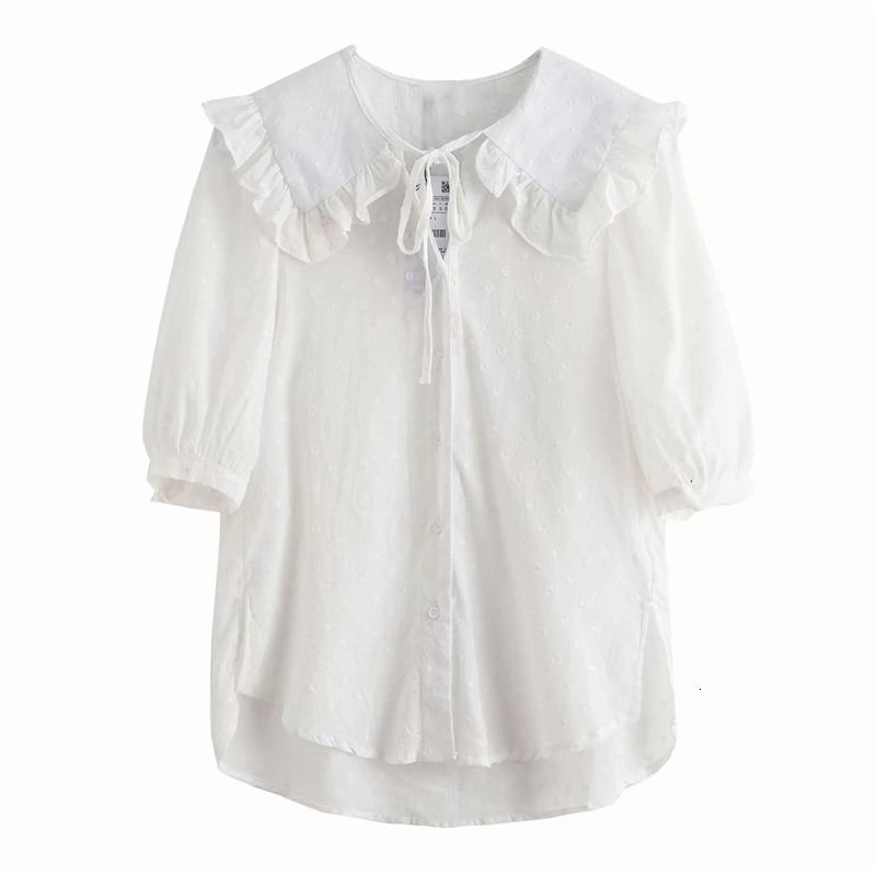 

2021 New Sweet Women Solid White Dot Shirts Fashion Ladies Ruffles Peter Pan Collar Tops Elegant Female Chic Bow Cotton Blouse Nrvh