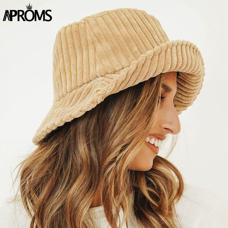 

Aproms Elegant Khaki Corduroy Bucket Hats Women Accessories Autumn Winter Korean Fashion Solid Color Sun Caps Female Outfit 20201, Black