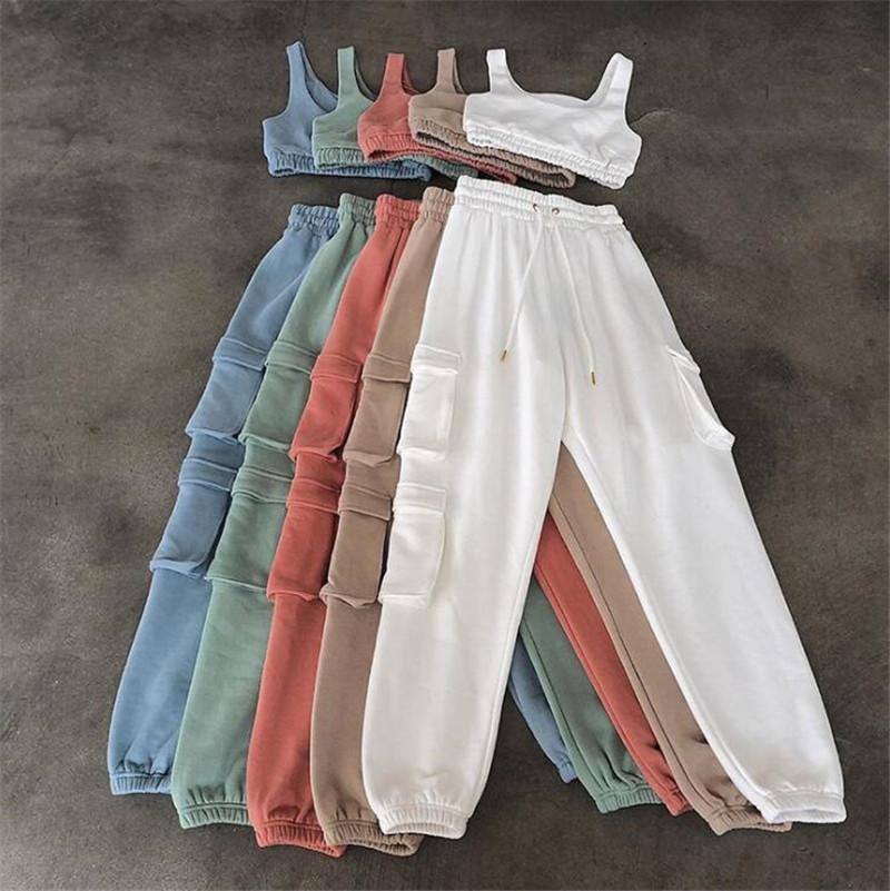 

Solid Sportswear Tank Top And Sweatpants Two Piece Sets Women Sleeveless Casual Workout Loungewear Pocket Tracksuits, White