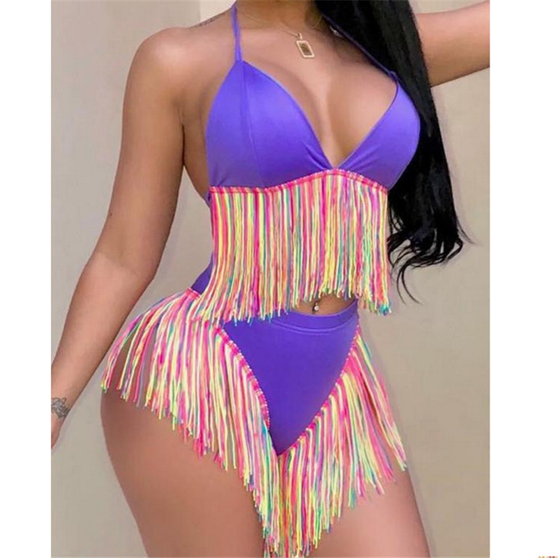 

Bikinis Women Swimwear High Waist Swimsuit Spaghetti Strap Tassel Fringed Two-Piece Suits Retro Bathing Suit fz1846, As photo show