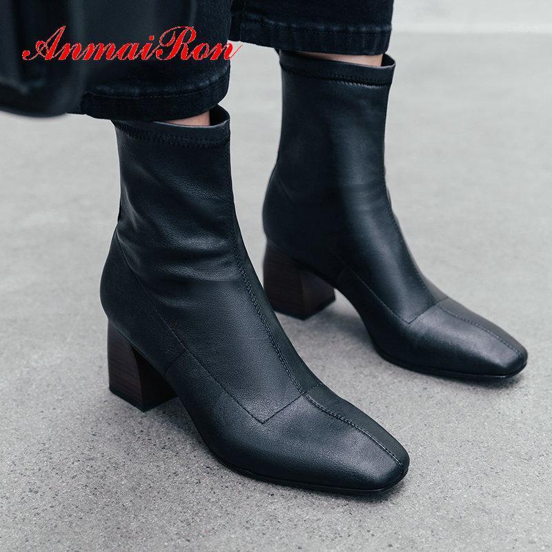 

ANMAIRON 2020 Mature Genuine Leather Boots Women Basic Round Toe Square Heel Ankle Boots for Women Zip Shoes Size 34-431, Black