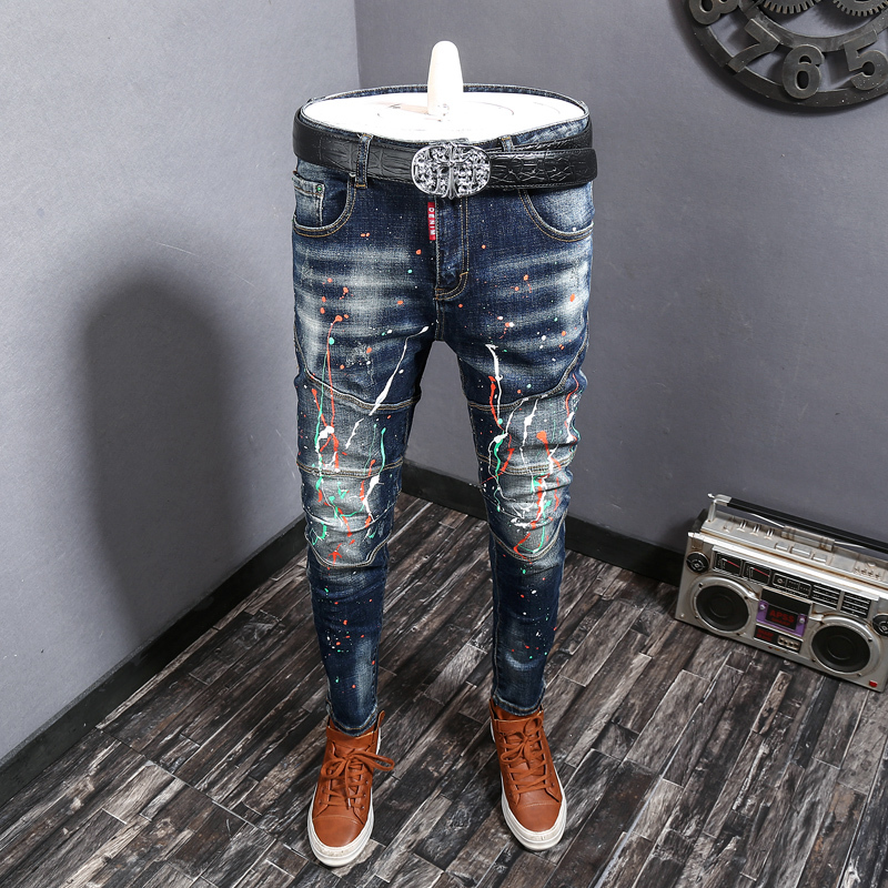 

2021 New Fashion Streetwear Men High Quality Spliced Slim Fit Ripped Biker Jeans Homme Paint Designer Elastic Hip Hop Long Pants Zunh, Retro dark blue