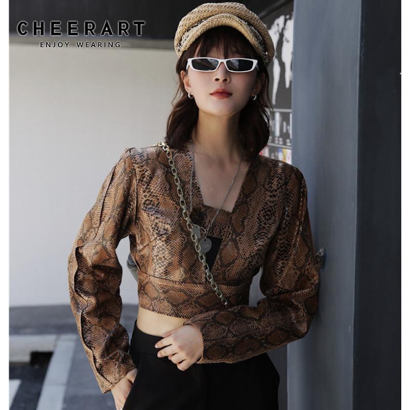 

CHEERART Snakeskin Print Cropped Jacket Women V Neck Leather Jacket Cropped Coat Long Sleeve Ladies Fashion Clothing, As pic