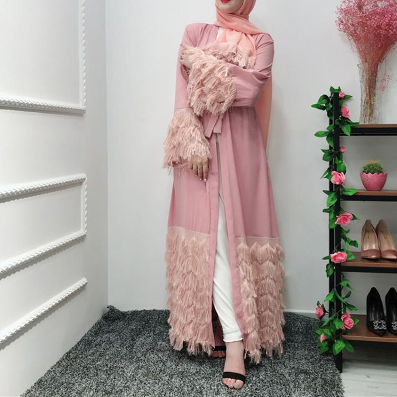 

Muslim Abaya Sequins Sashes New Dress Mesh Cardigan Tunic Kimono Long Robes Jubah Middle East Ramadan Arab Islamic Prayer Cloth, Pink