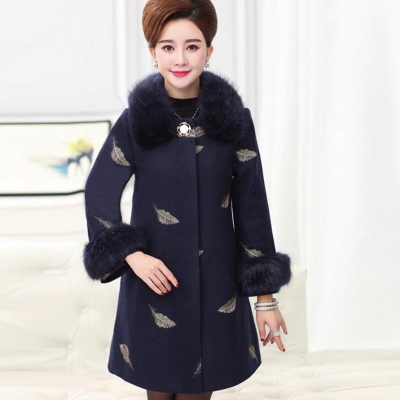 

plus size  Middle-aged Women Woolen Coat 2020 Autumn Winter New Fur Collar Embroidered Wool Coats Mother Warm Overcoat1, Dark blue