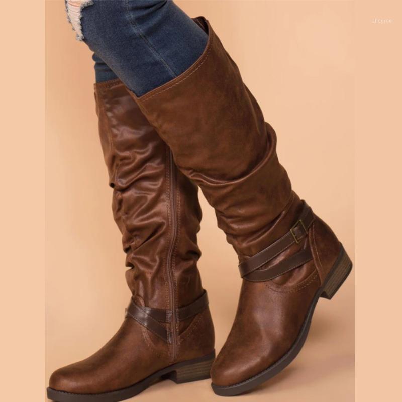 

Vintage Women's Boots Winter Shoes PU Leather Ladies Mid-Calf Boots Casual Zipper Buckle Knee High Flat Roman Female Shoes1, Brown