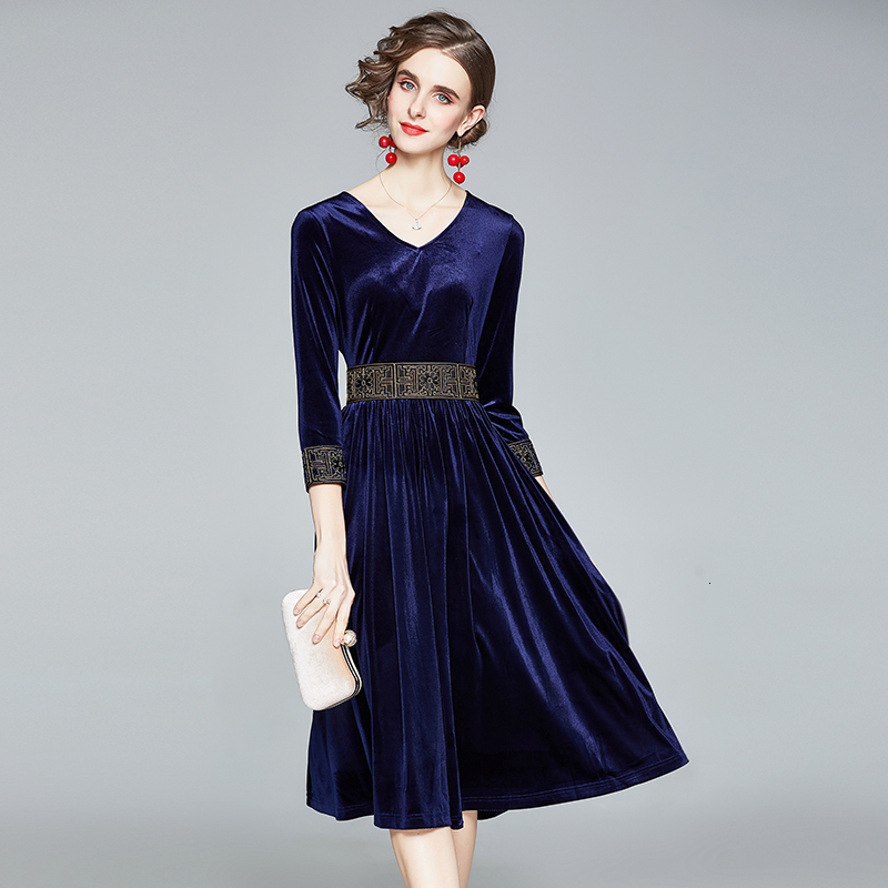 

2021 New Merchall Autumn Women Elegant Embroidery Belt Veet Festa Female Event Party Robe High Quality Designer Pleated Vestidos Epji, Navy blue