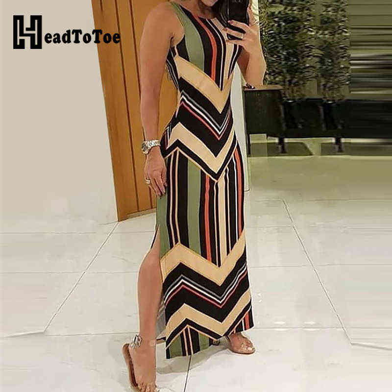 

Colorful Striped Print Side Slit Maxi Dress Women Colorblock Sleeveless Slim Long Dresses G1223, Multi