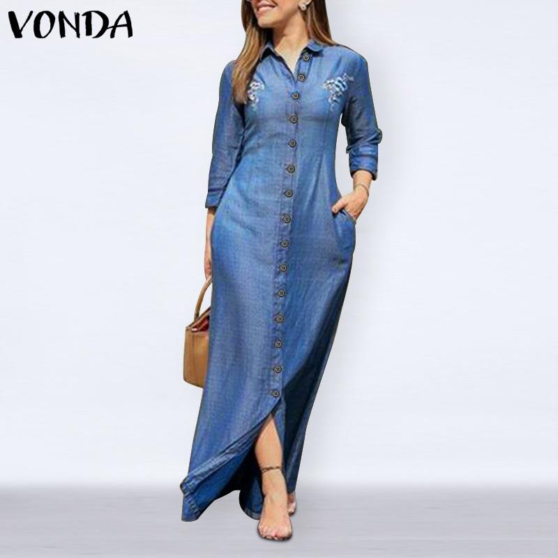 

Plus Size Women' Sundress 2021 VONDA Casual Button Up Turn-down Collar Maxi Dress Elegant Long Shirt Dresses Oversized Vestidos, Blue