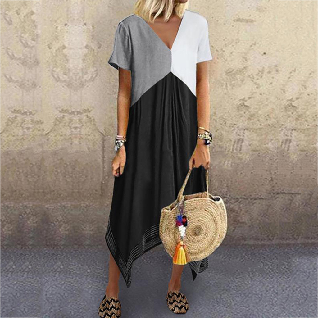 

2021 New Summer Women Casual Patchwork Short Sleeve Oversize Loose Pockets Midi Plus Size Es Female Kcjw, Green