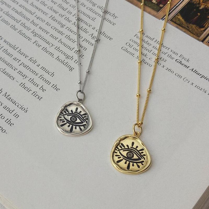

Charm Vintage Irregular Coin Evil Eye Female Pendants Necklace Jewelry Girl 925 Sterling Silver Choker Necklace Accessories