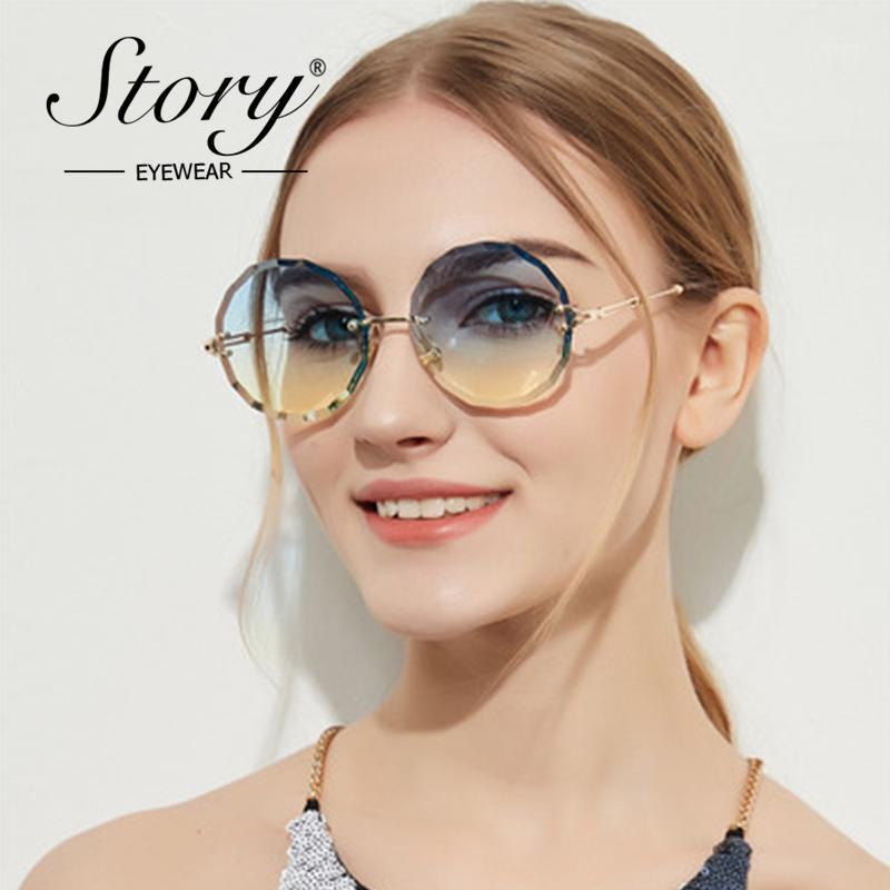 

Sunglasses STORY Fashion Round Rimless Women Retro Metal Frame Crystal Sides Clear Glasses Oversized 2021 Shades1