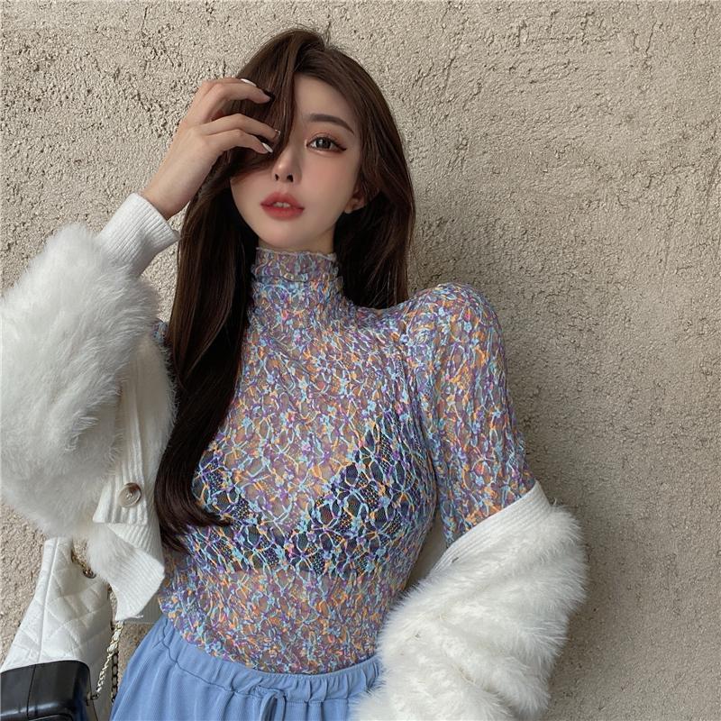 

Top Printing Lace Flower South Korea Beautiful Warm Color Department Main Burning Turtleneck Base Knit Coat Soft Waxy Sweater, Blue lace