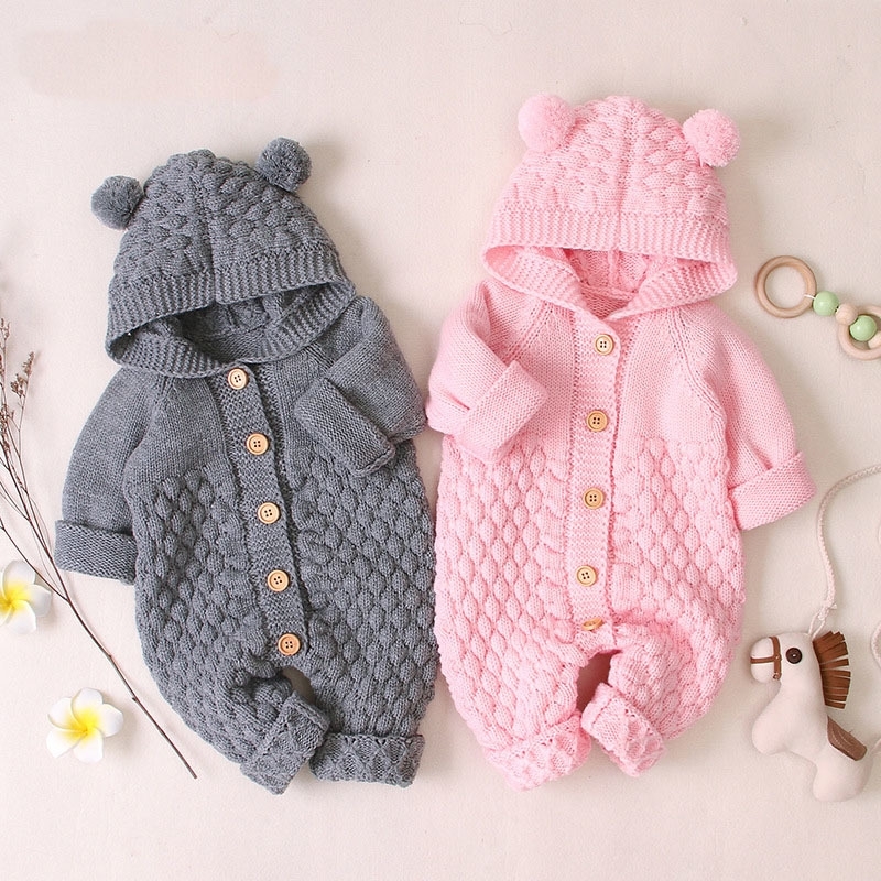 

Newborn Bodysuit Boys And Girls Autumn And Winter Hooded Cap Knitting Jumpsuit To Keep Warm Cotton New Born Baby Clothes Outfit 201127, Blue