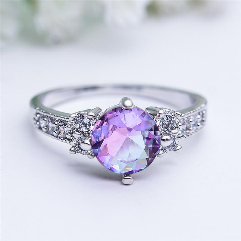 

Crystal Female Crystal Zircon Stone Ring Vintage Silver Color Rainbow Wedding Rings For Women Promise Love Engagement Ring